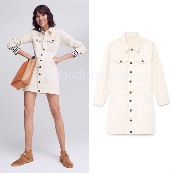 New GWYN Natural Jean Jacket Dress in Beige - Picture 2 of 14